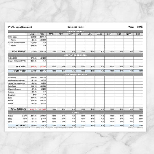 Profit Loss Statement with Auto-Calculating Totals - Printable, at Printable Planning