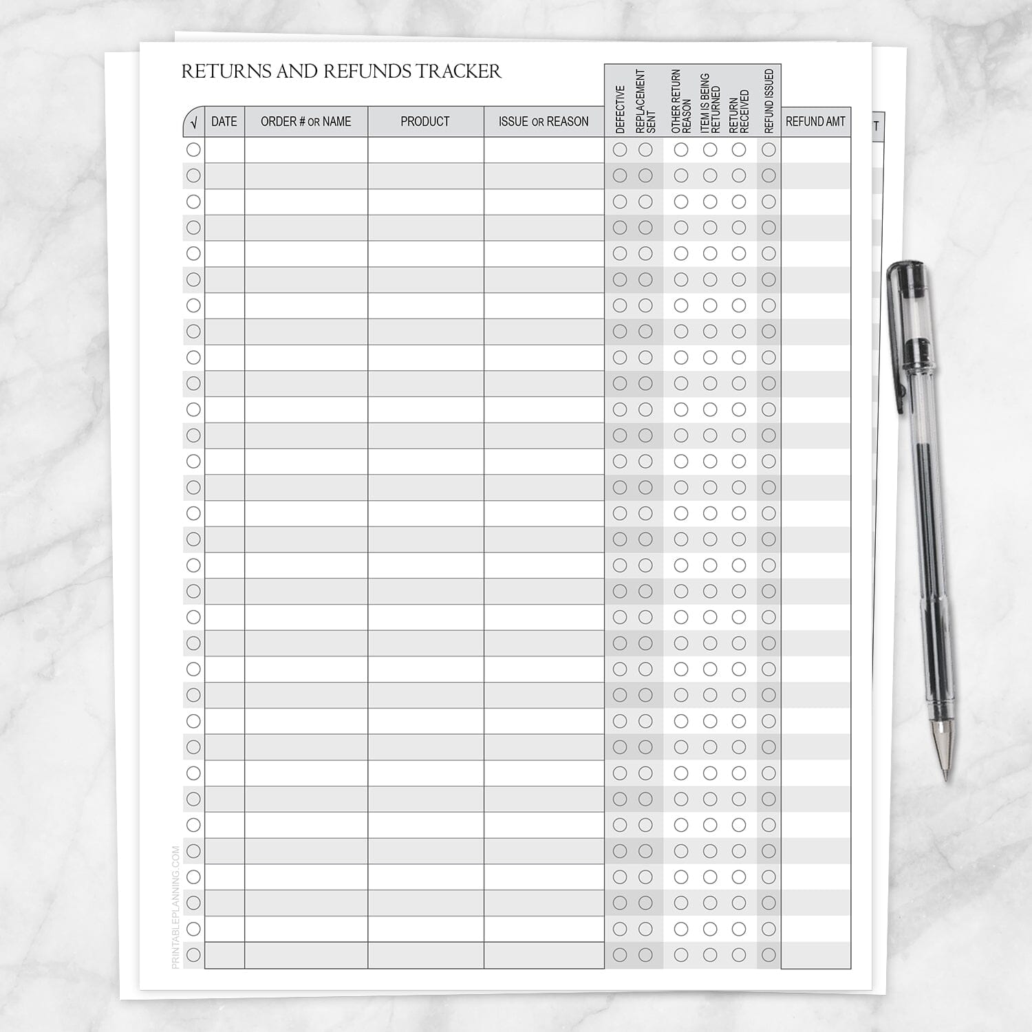 Printable Small Business Returns and Refunds Tracking Page with Status Columns at Printable Planning.