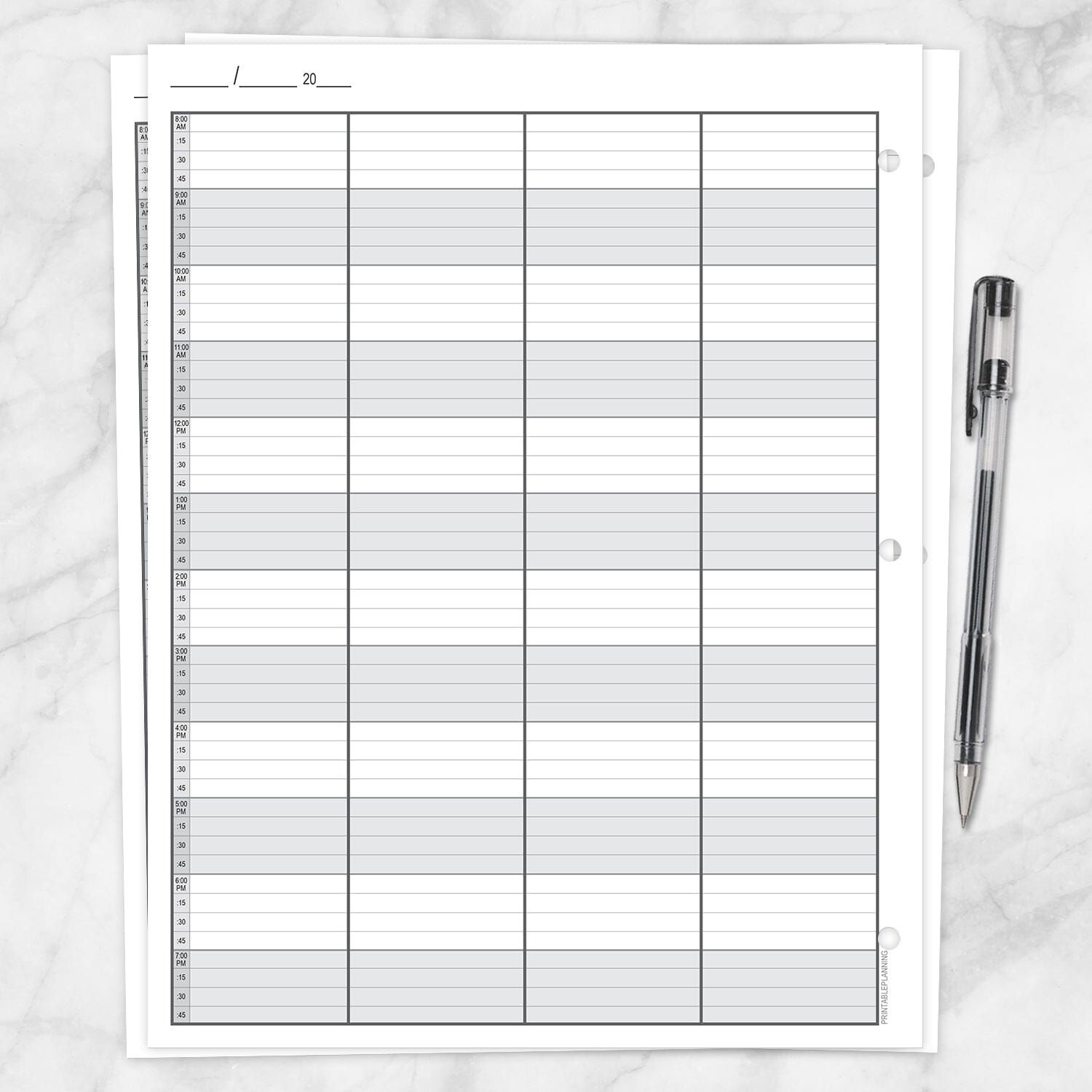 Printable Schedule Sheet in 15 Minute Increments, front and back, at Printable Planning