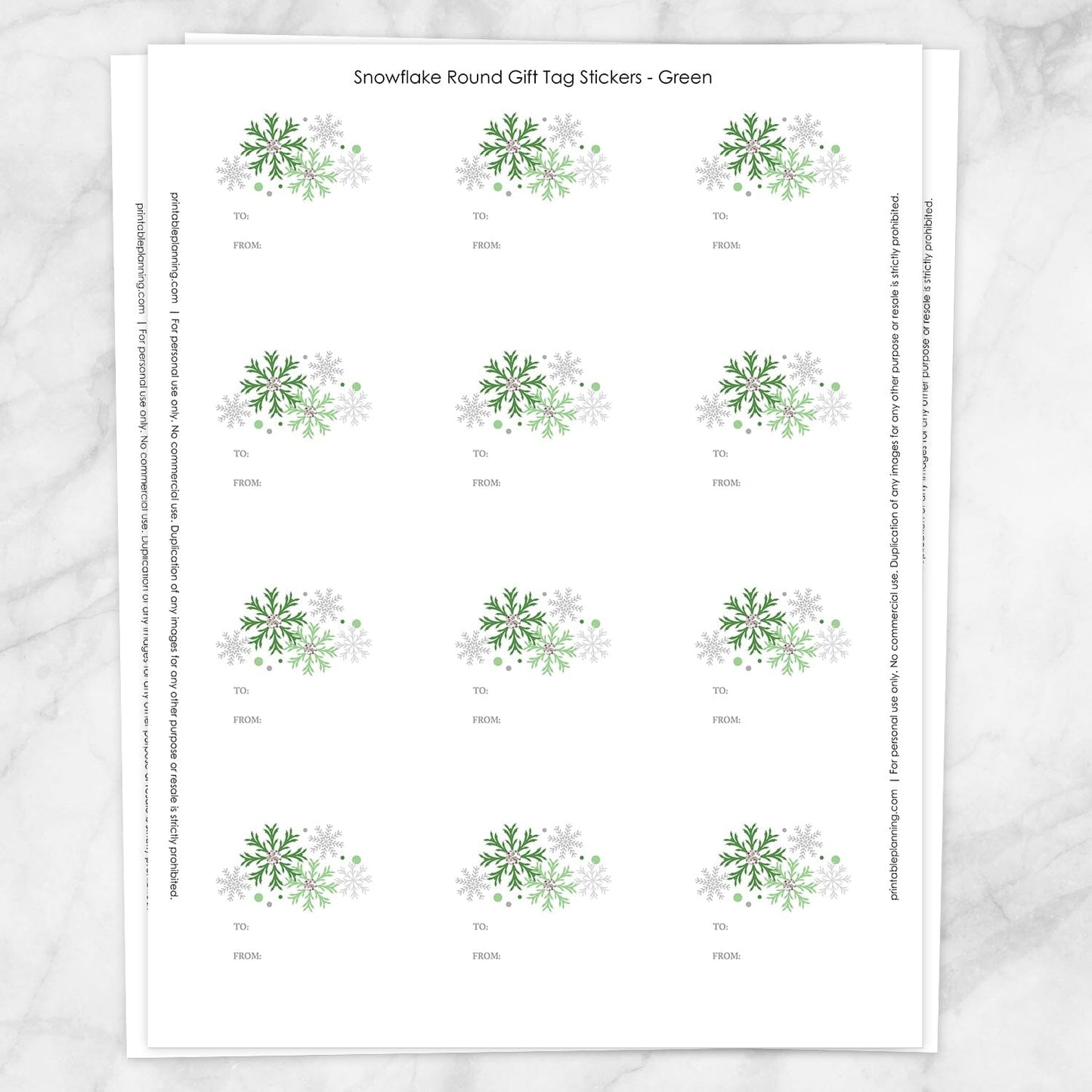 Printable Green Snowflake Gift Tag Stickers at Printable Planning. Sheet of 12 stickers.