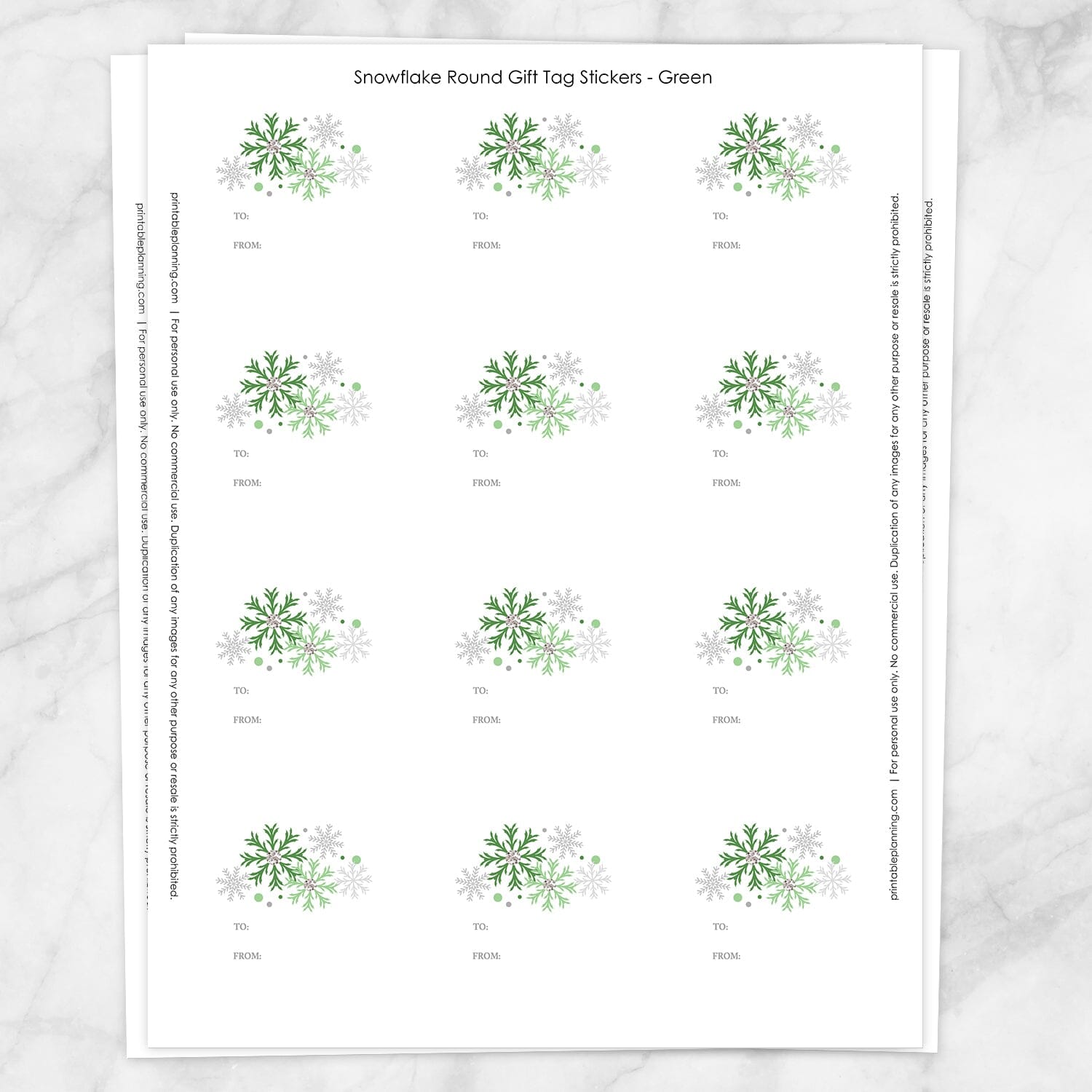 Printable Green Snowflake Gift Tag Stickers at Printable Planning. Sheet of 12 stickers.