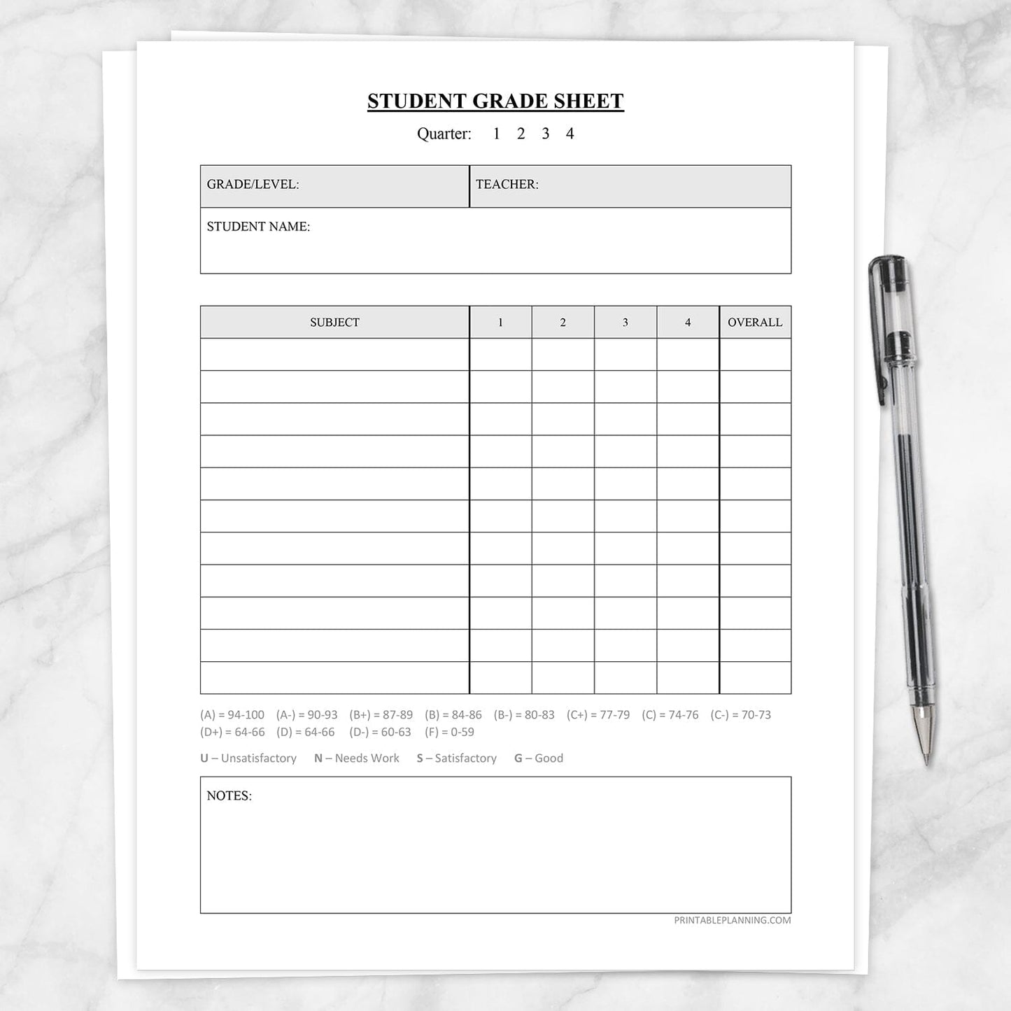 Printable Student Grade Sheet - Quarters or Trimesters, at Printable Planning