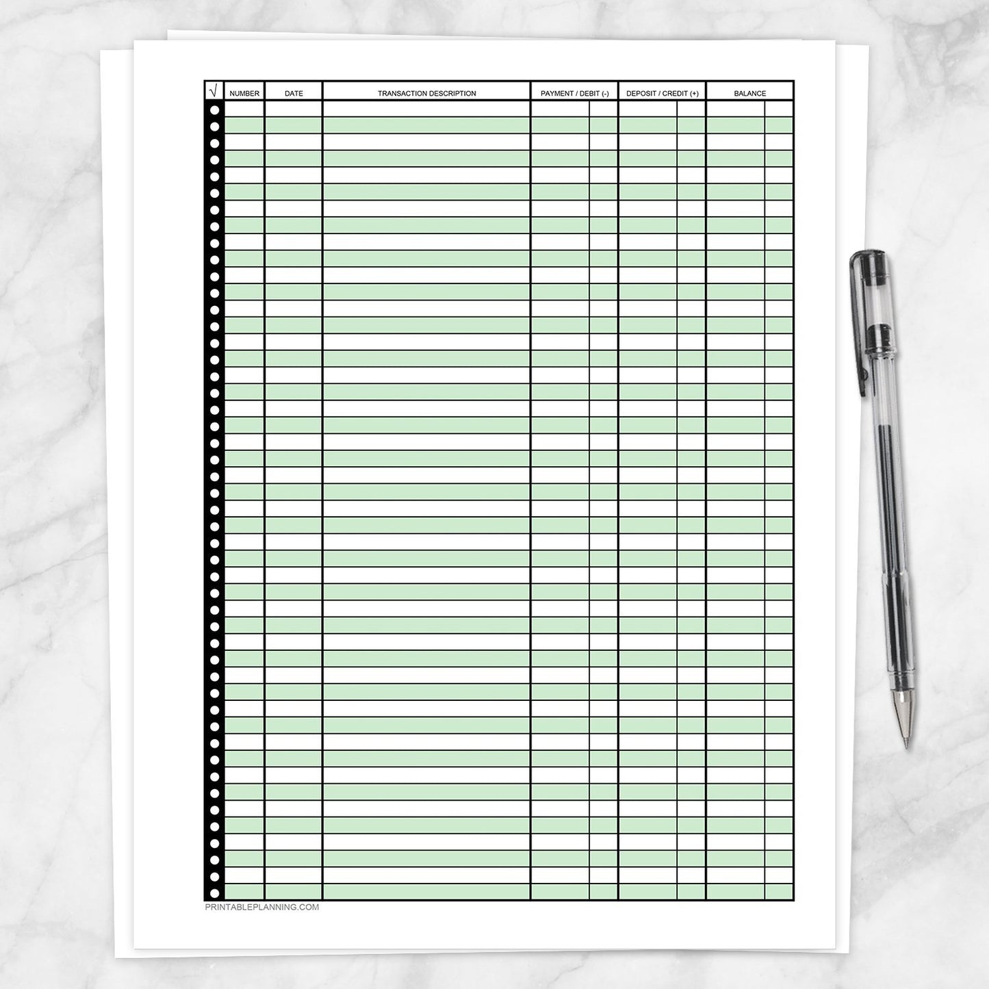Printable Financial Transaction Register in Green - Full Page, at Printable Planning