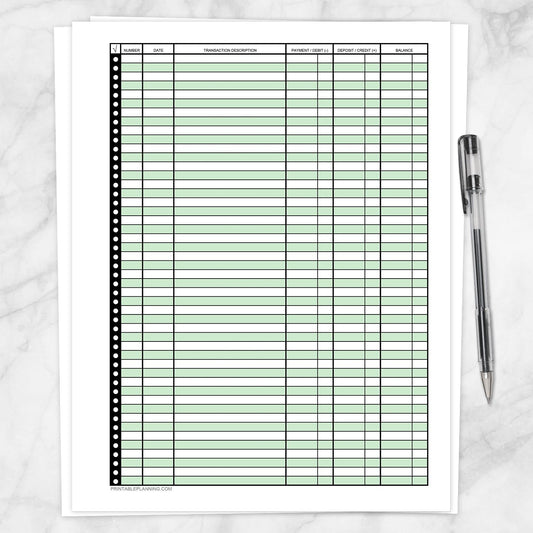 Printable Financial Transaction Register in Green - Full Page, at Printable Planning