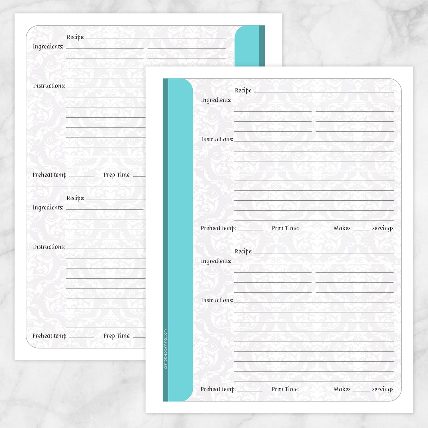 Printable Turquoise Damask Recipe Pages at Printable Planning