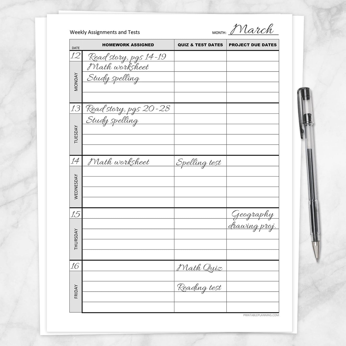 Printable Weekly School Assignments and Tests Sheet (front side filled in) at Printable Planning
