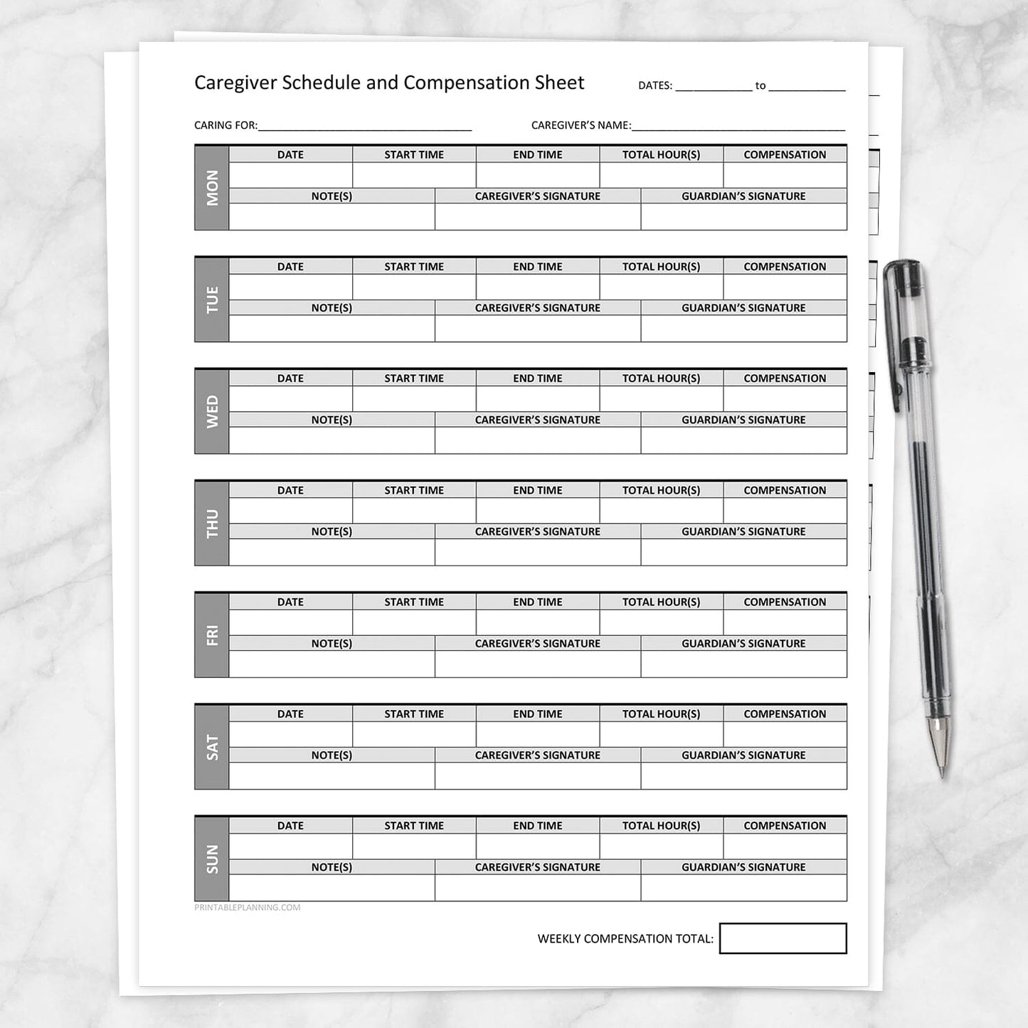 Printable Caregiver Schedule and Compensation Sheet at Printable Planning. A printable weekly Caregiver Schedule and Compensation sheet. This printable page allows you to keep a weekly schedule for your caregiver and then log their hours, compensation, any relevant notes, and have the caregiver and guardian sign off on the day. The days run Monday through Sunday, top to bottom. There is a box at the bottom to log a total for the week in compensation paid to the caregiver.