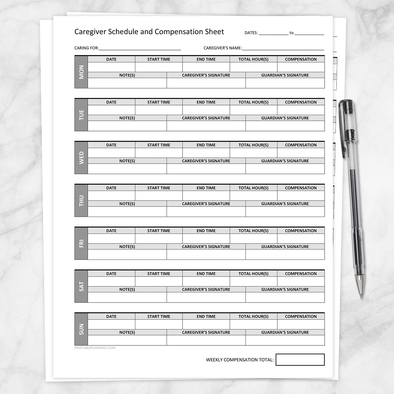 Printable Caregiver Schedule and Compensation Sheet at Printable Planning. A printable weekly Caregiver Schedule and Compensation sheet. This printable page allows you to keep a weekly schedule for your caregiver and then log their hours, compensation, any relevant notes, and have the caregiver and guardian sign off on the day. The days run Monday through Sunday, top to bottom. There is a box at the bottom to log a total for the week in compensation paid to the caregiver.