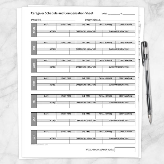 Printable Caregiver Schedule and Compensation Sheet at Printable Planning. A printable weekly Caregiver Schedule and Compensation sheet. This printable page allows you to keep a weekly schedule for your caregiver and then log their hours, compensation, any relevant notes, and have the caregiver and guardian sign off on the day. The days run Monday through Sunday, top to bottom. There is a box at the bottom to log a total for the week in compensation paid to the caregiver.