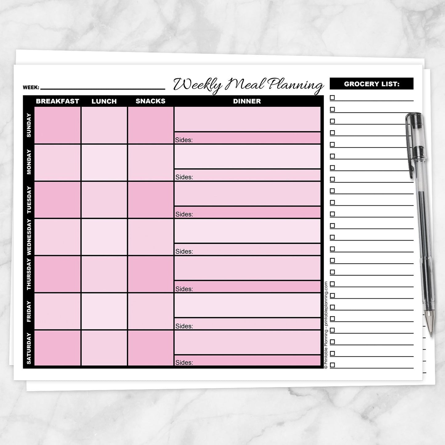 Printable Pink Weekly Meal Planning Page with Grocery List at Printable Planning