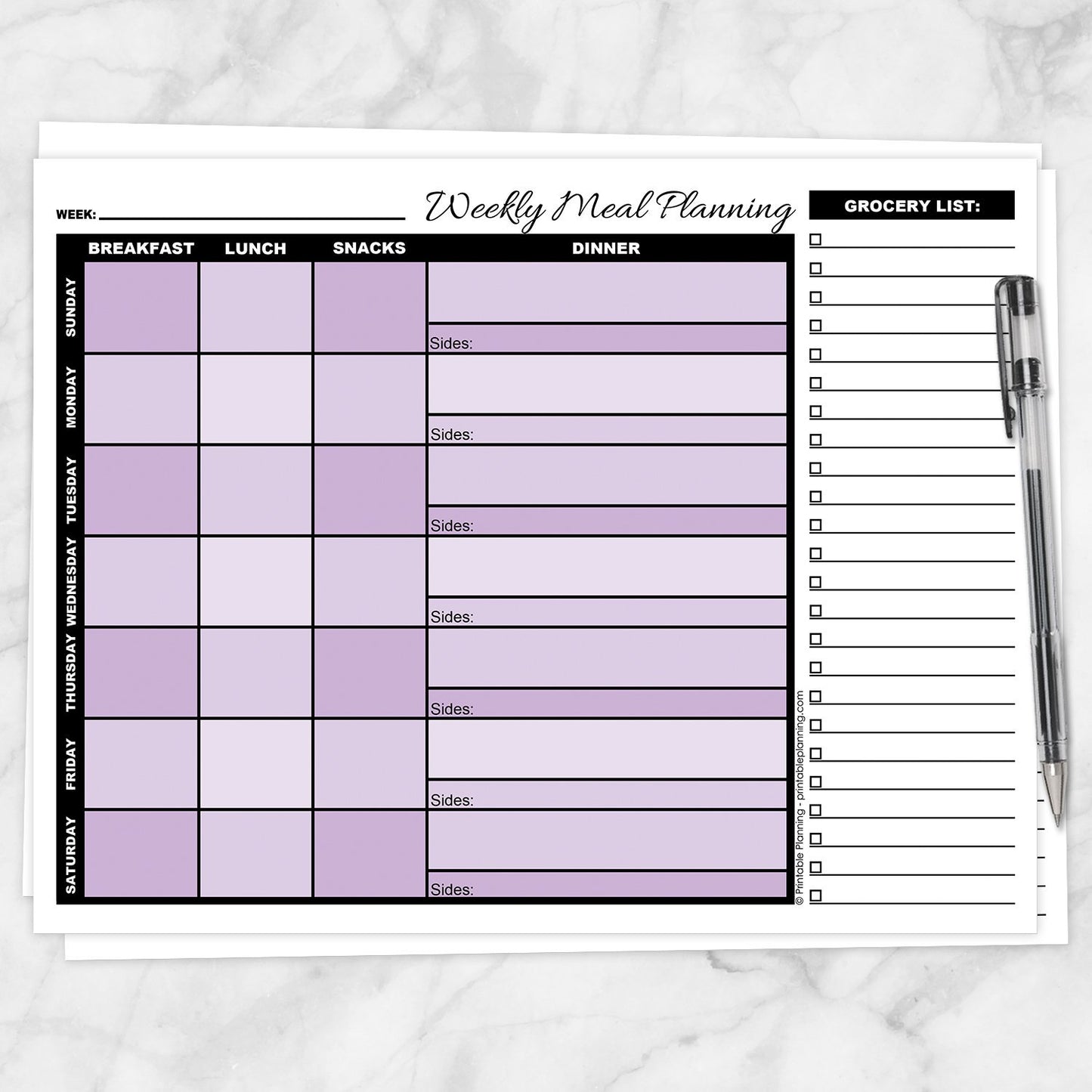 Printable Purple Weekly Meal Planning Page with Grocery List at Printable Planning