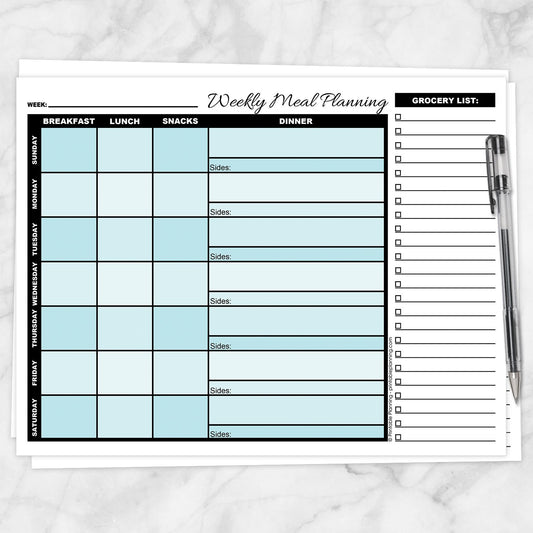 Printable Turquoise Weekly Meal Planning Page with Grocery List at Printable Planning