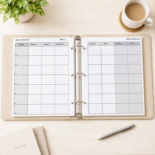 Weekly Lesson Plan pages shown in a beige binder on a table with a plant, coffee, notebook, and a pen.