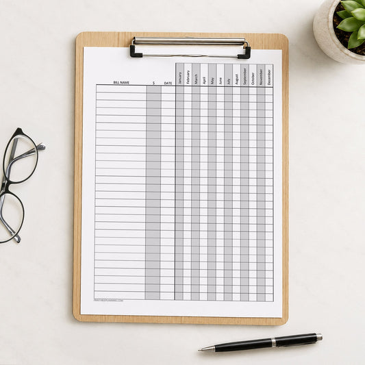 Yearly Bill Payment Tracker with Amount Column - Printable Annual Bill Checklist shown on a clipboard on a desk with glasses, a plant, and a pen.