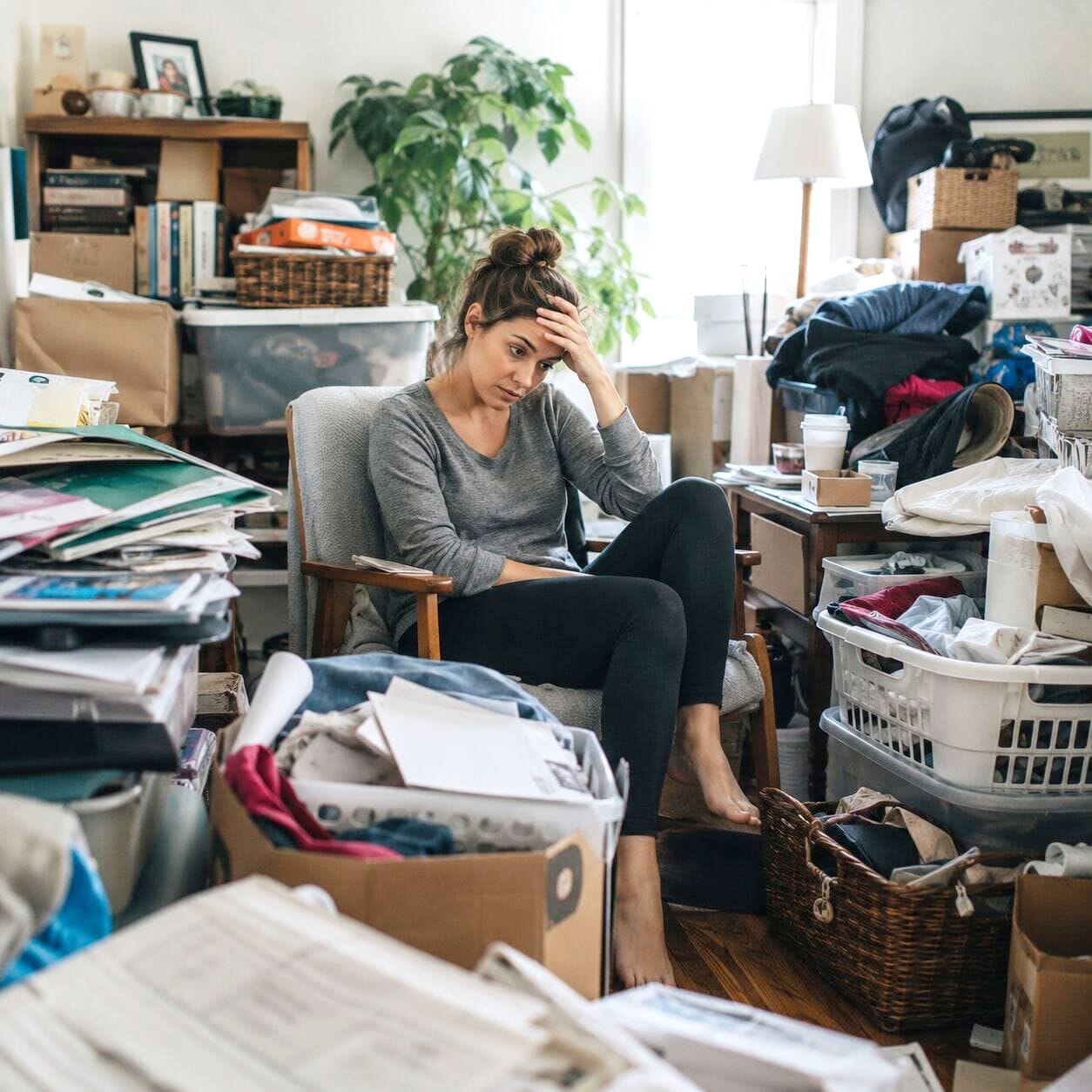 Lady sitting amognst an overwhelming mess in a home