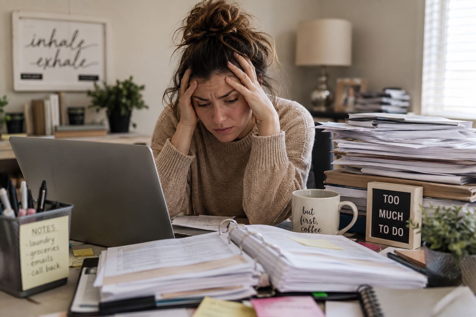Lady looking stressed and overwhelmed at her home office desk for the "What to do when everything feels like too much" blog post
