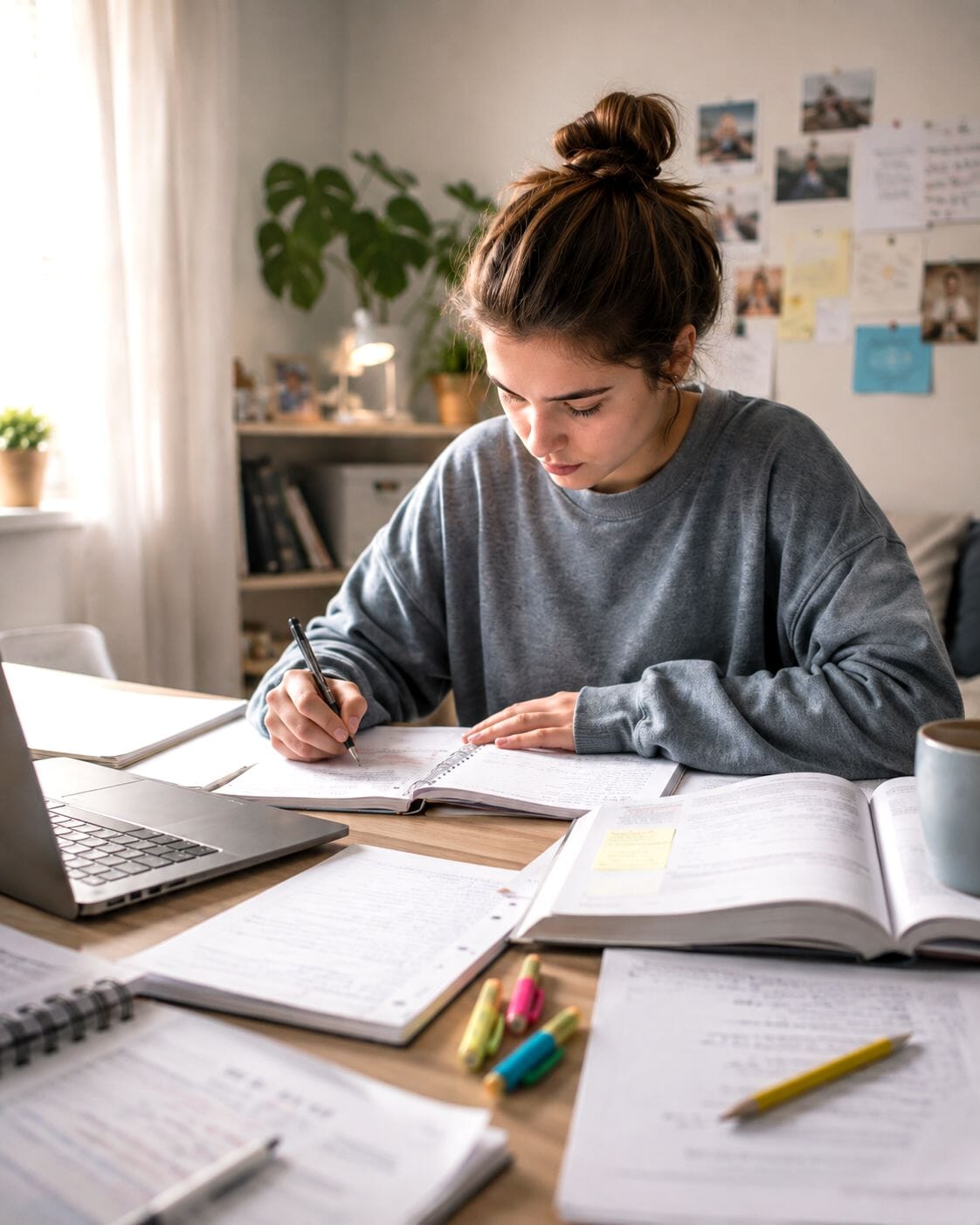 Girl doing a lot of homework and studying for school.
