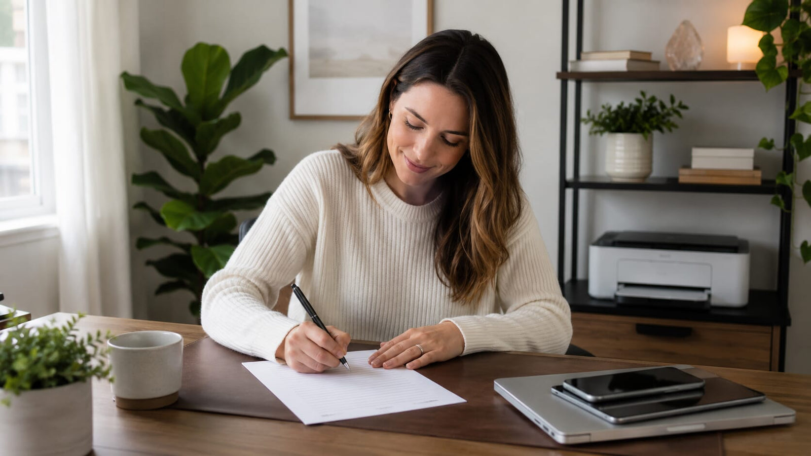 Woman sitting at her desk, happily writing with pen and paper, with her electronics off to the side.