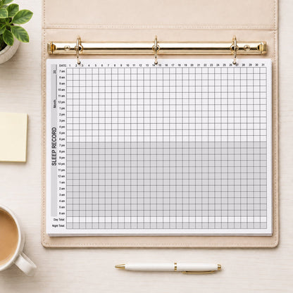 A printed 24-Hour Monthly Sleep Tracker - Printable Sleep Record PDF sheet inside a beige leather binder, styled on a light wood desk with a coffee cup, sticky notes, a pen, and a small plant.