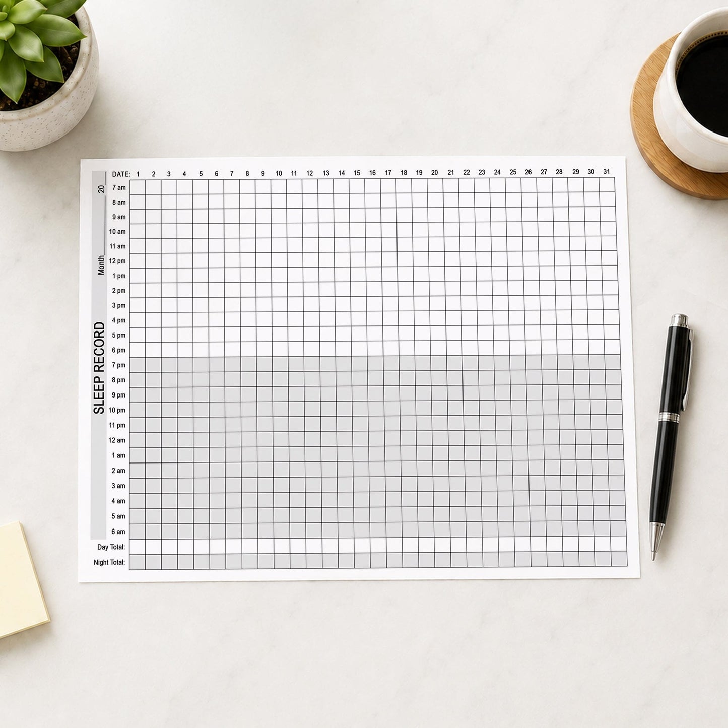 A 24-Hour Monthly Sleep Tracker - Printable Sleep Record PDF styled in a flat-lay on a light desk surface with a small succulent, a cup of coffee, and a black pen.