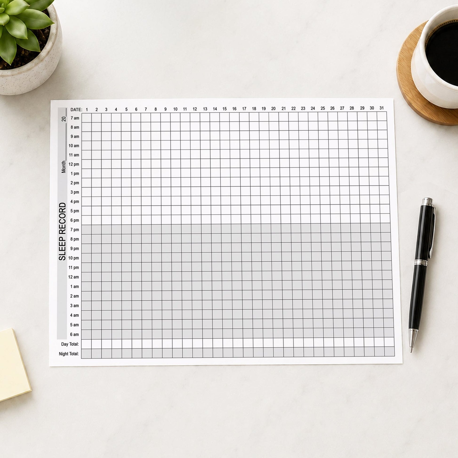 A 24-Hour Monthly Sleep Tracker - Printable Sleep Record PDF styled in a flat-lay on a light desk surface with a small succulent, a cup of coffee, and a black pen.