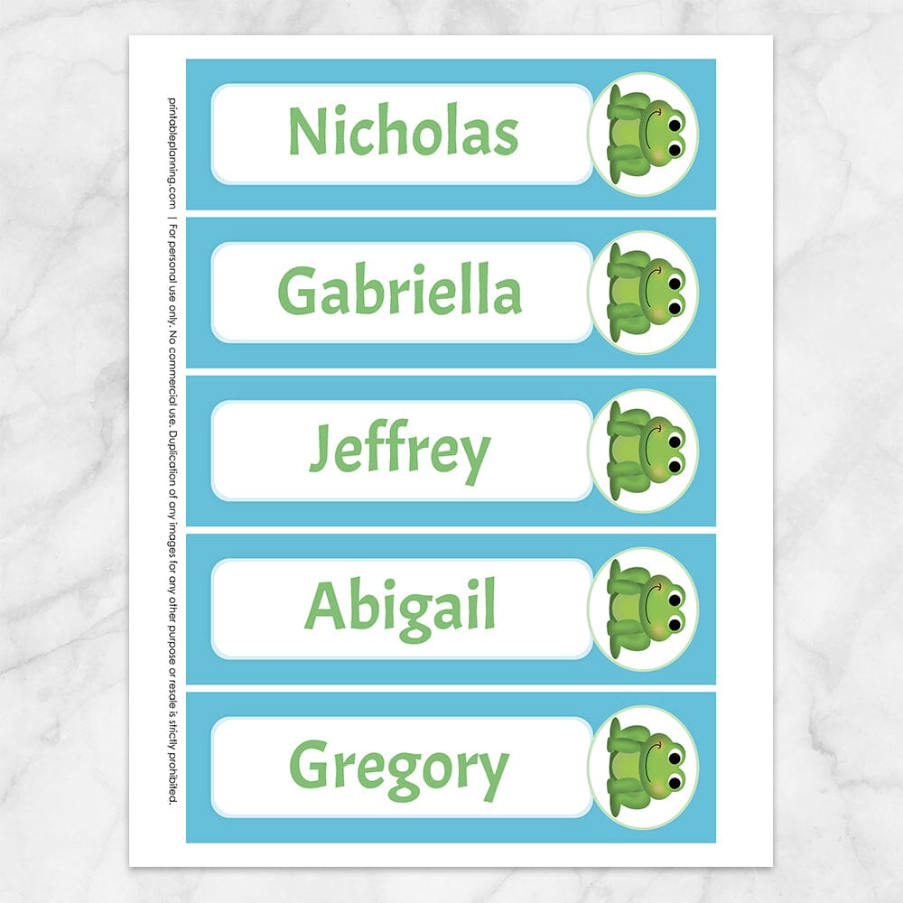  Printable Personalized Adorable Frog Bookmarks  with a blue background color at Printable Planning.