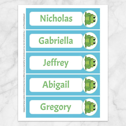  Printable Personalized Adorable Frog Bookmarks  with a blue background color at Printable Planning.