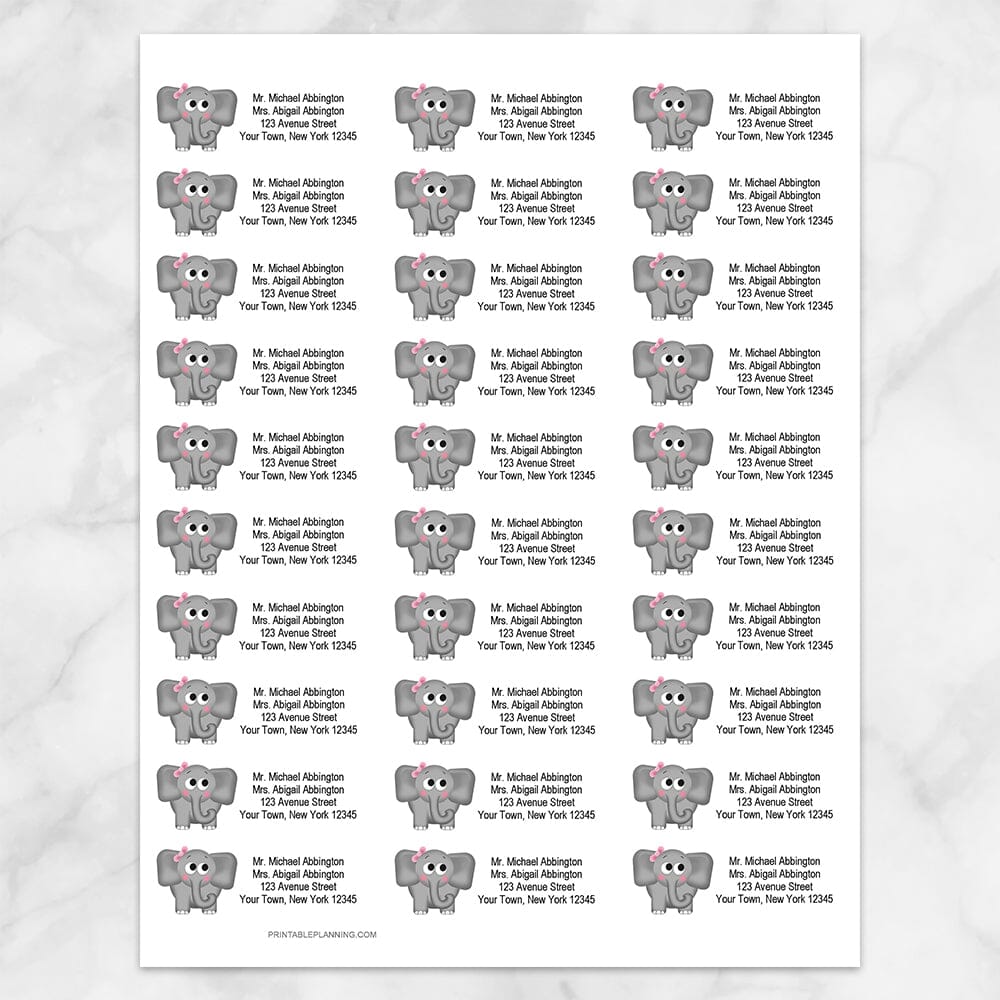 Printable Adorable Girl Elephant Address Labels at Printable Planning. Sheet of 30 labels.