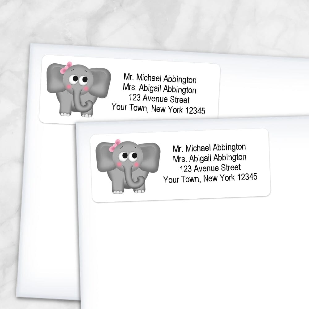 Printable Adorable Girl Elephant Address Labels at Printable Planning. Shown on envelopes.
