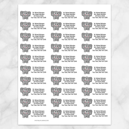 Printable Adorable Gray Elephant Address Labels at Printable Planning. Sheet of 30 labels.