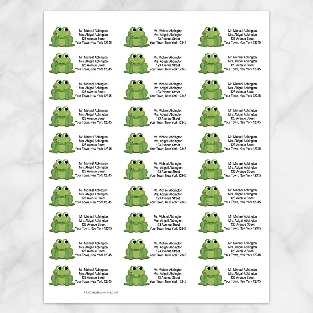 Printable Adorable Green Frog Address Labels at Printable Planning. Sheet of 30 labels.