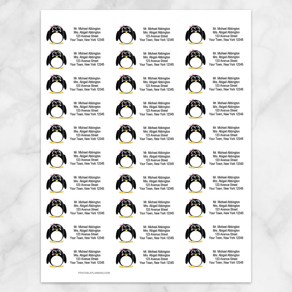 Printable Adorable Little Girl Penguin Address Labels at Printable Planning. Sheet of 30 labels.