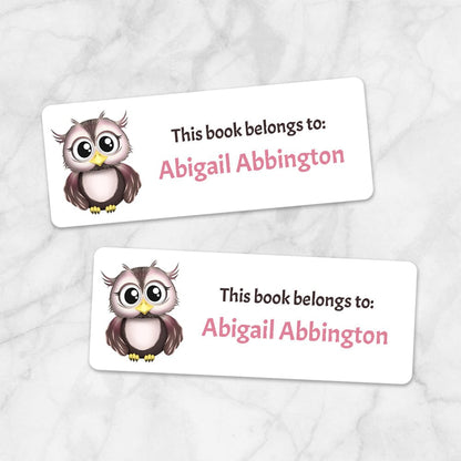 Printable Adorable Owl Bookplate Labels for Name Labeling Books at Printable Planning. Example of 2 labels.