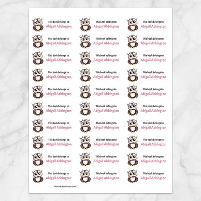 Printable Adorable Owl Bookplate Labels for Name Labeling Books at Printable Planning. Sheet of 30 labels.