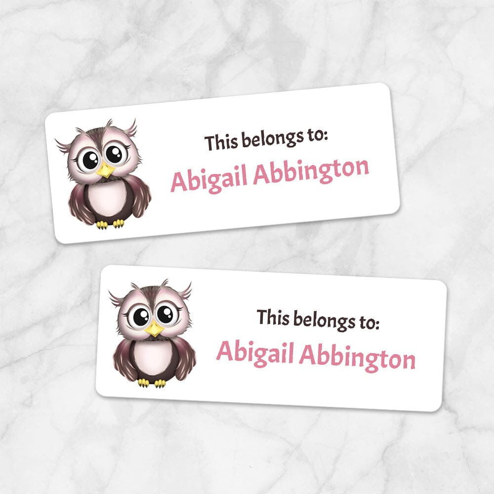 Printable Adorable Owl Name Labels for School Supplies at Printable Planning. Example of 2 labels.