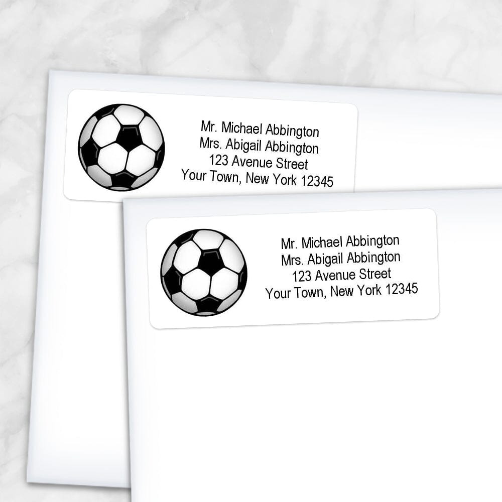 Printable Athletic Sports Soccer Ball Address Labels at Printable Planning. Shown on envelopes.