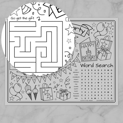 Birthday-themed activity page with maze, word search, and coloring sections. Zoomed in on the maze.