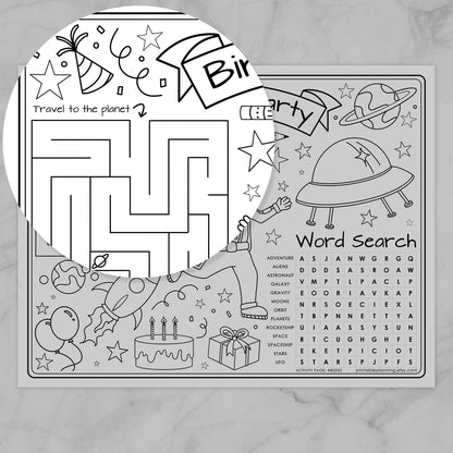 Birthday-themed activity sheet with maze, word search, and coloring sections.
