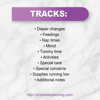 List of items that are tracked on the printable Baby Log at Printable Planning