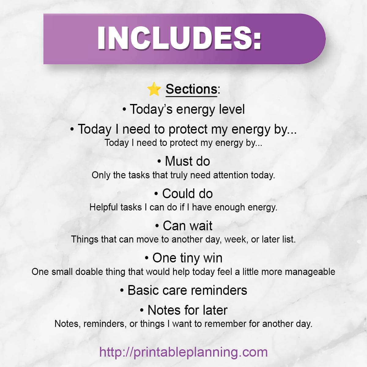 List of sections include on the Bare Minimum Day Planner Printable page.