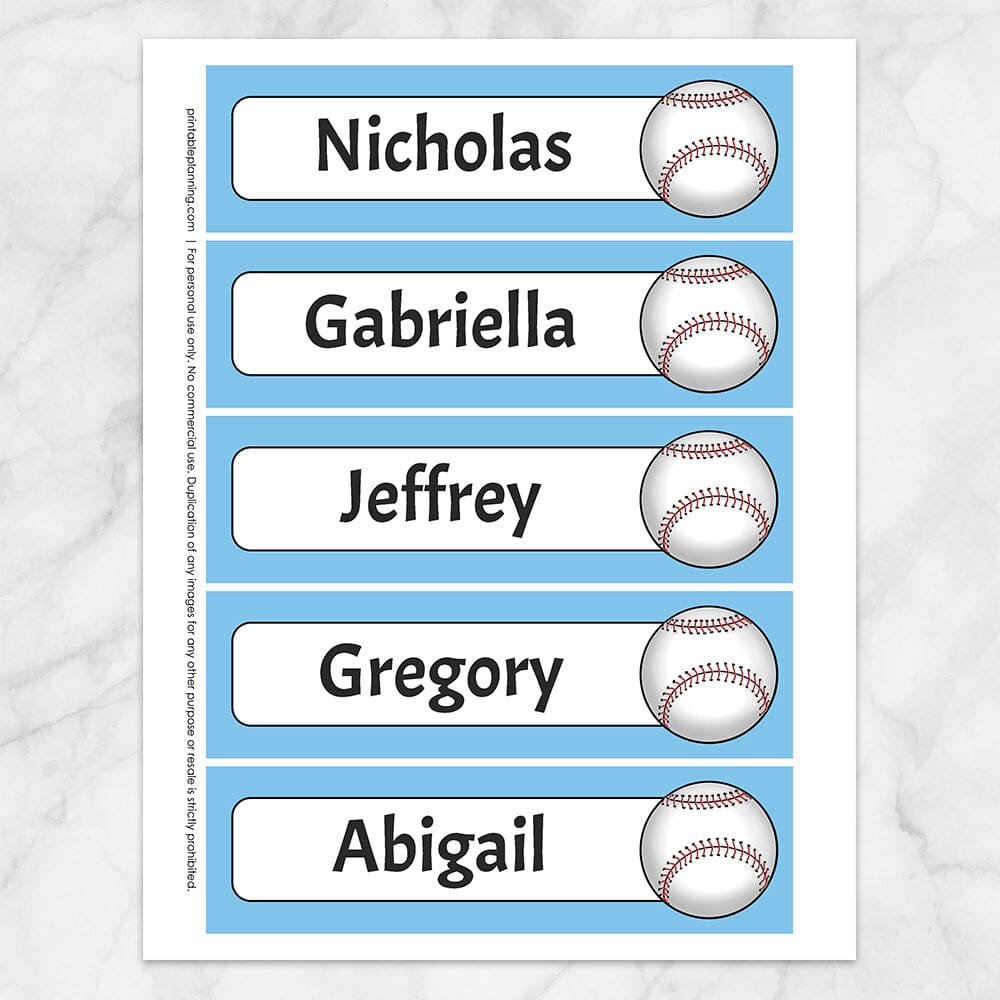 Printable Personalized Baseball Bookmarks at Printable Planning with a blue background color. Sheet of 5 bookmarks.