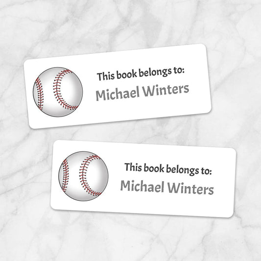 Printable Baseball Bookplate Labels for Name Labeling Books at Printable Planning. Example of 2 labels.