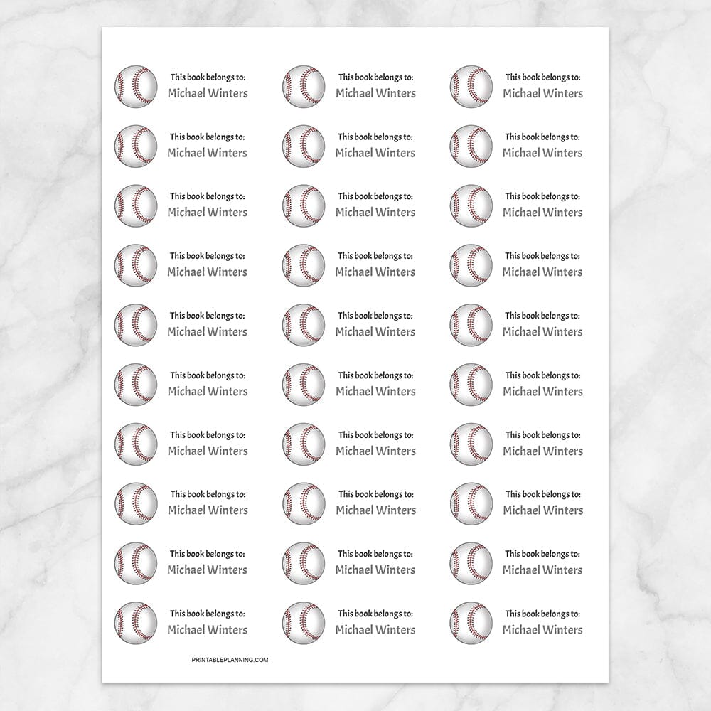 Printable Baseball Bookplate Labels for Name Labeling Books at Printable Planning. Sheet of 30 labels.