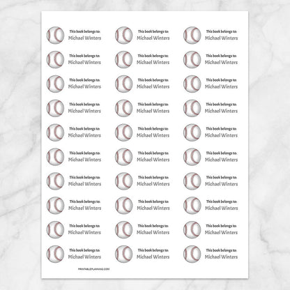 Printable Baseball Bookplate Labels for Name Labeling Books at Printable Planning. Sheet of 30 labels.