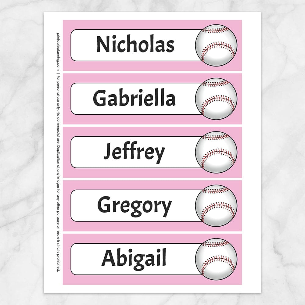 Printable Personalized Baseball Bookmarks at Printable Planning with a pink background color. Sheet of 5 bookmarks.