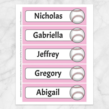 Printable Personalized Baseball Bookmarks at Printable Planning with a pink background color. Sheet of 5 bookmarks.