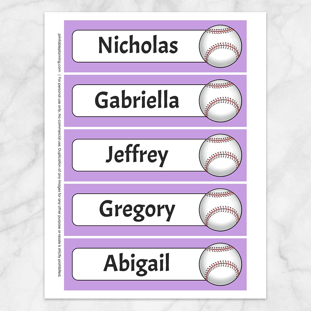 Printable Personalized Baseball Bookmarks at Printable Planning with a purple background color. Sheet of 5 bookmarks.