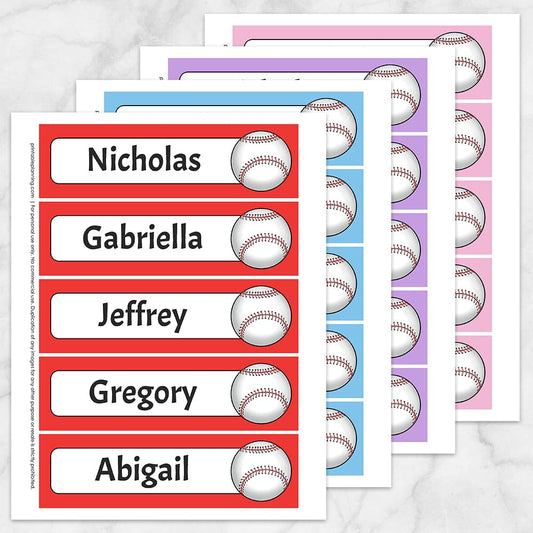 BUNDLE of printable Personalized Baseball Bookmarks at Printable Planning with red, blue, purple, and pink background colors. 