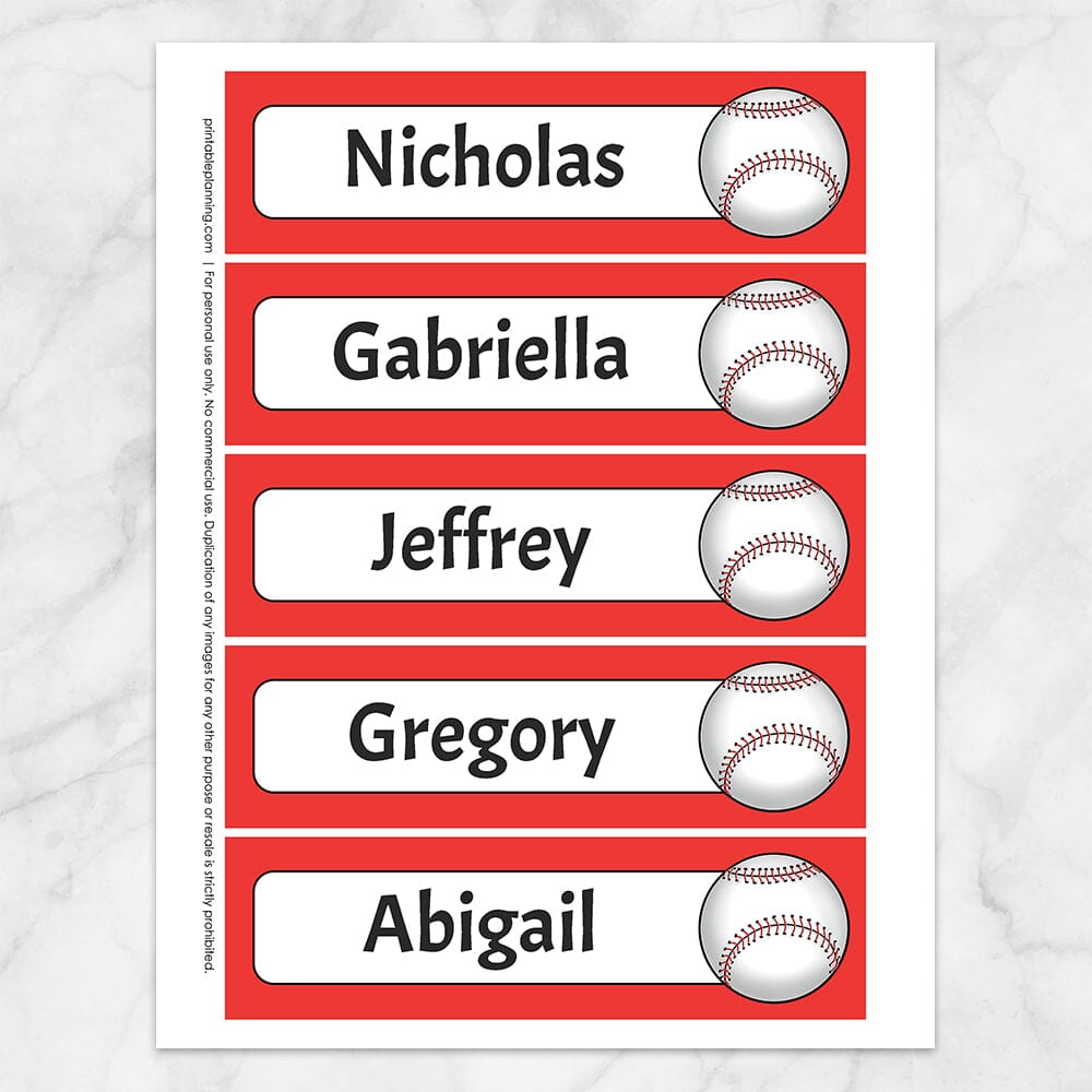 Printable Personalized Baseball Bookmarks at Printable Planning with a red background color. Sheet of 5 bookmarks.