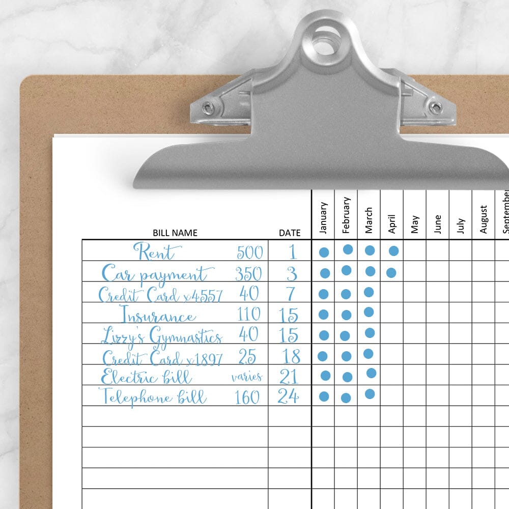 Printable Bill Payment Tracker Log - Full Year at Printable Planning. Example of page on clipboard with writing.